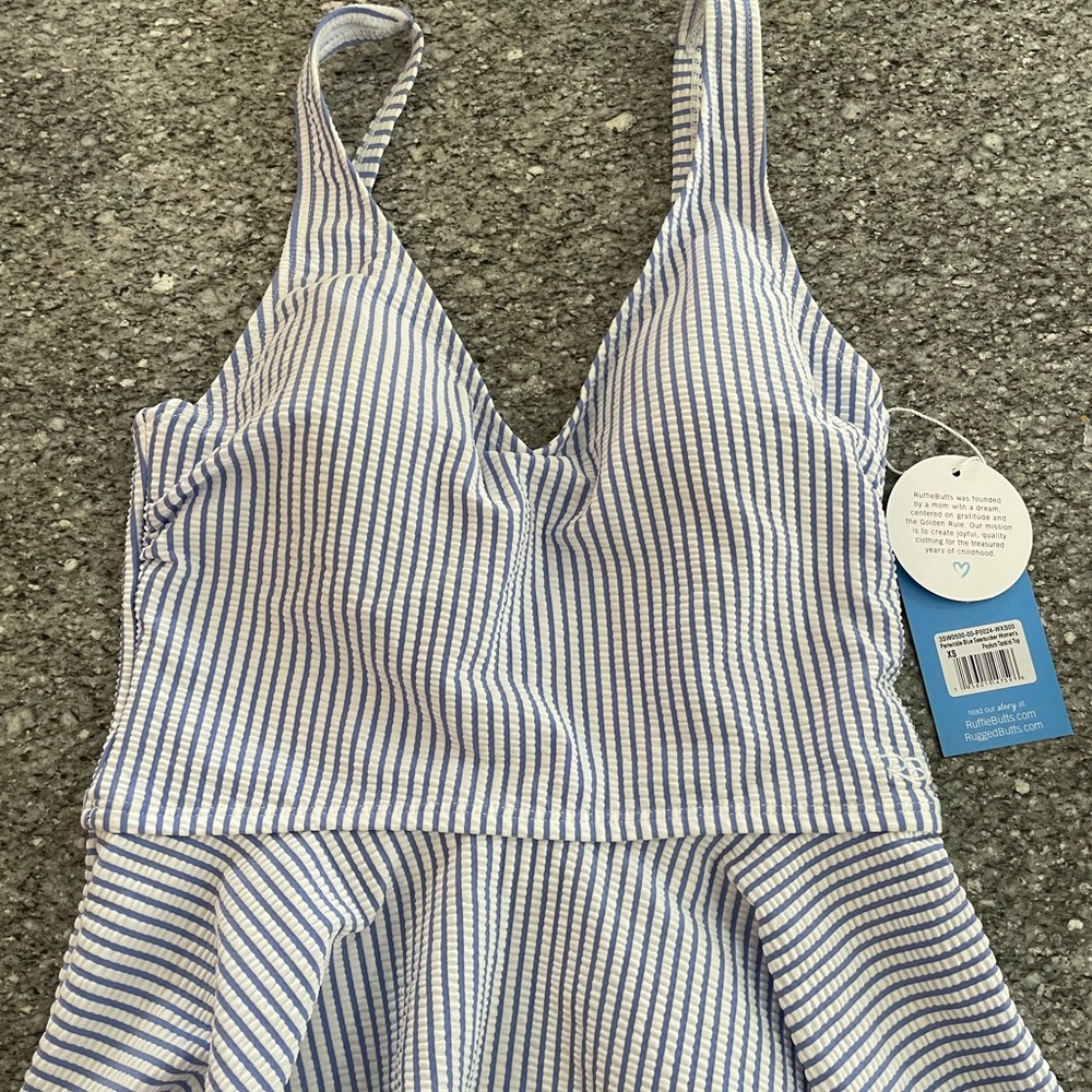 Ruffle Butts Blue and White Striped Seersucker Peplum top